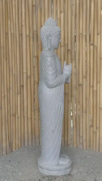 Artikelbild 6 des Artikels “Stehender Buddha aus Flussstein in Dharmachakra-Stellung - Geste des Rades der Dharma-Lehre. Ungefähr 150cm Höhe. “